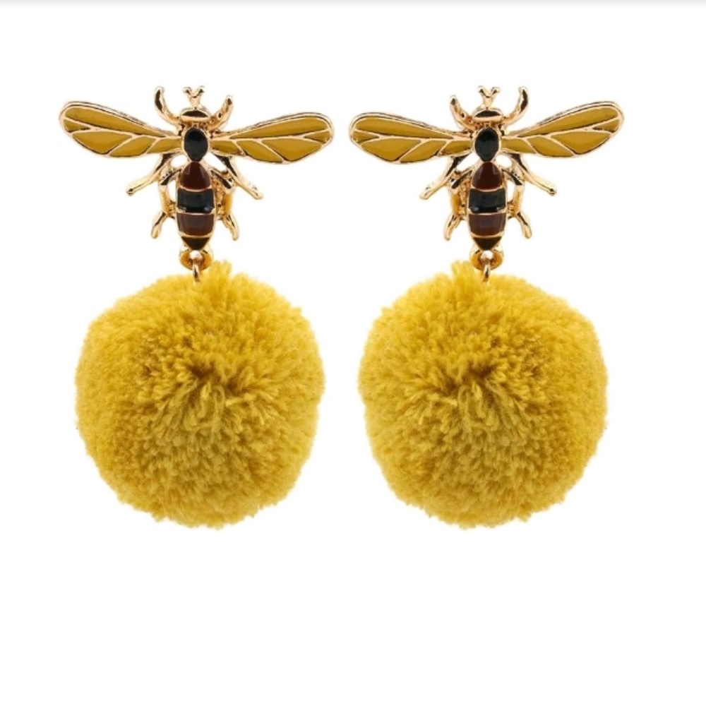 🦄 Bee Wasp Pom Pom Drop Statement Earrings - Picture 2 of 3